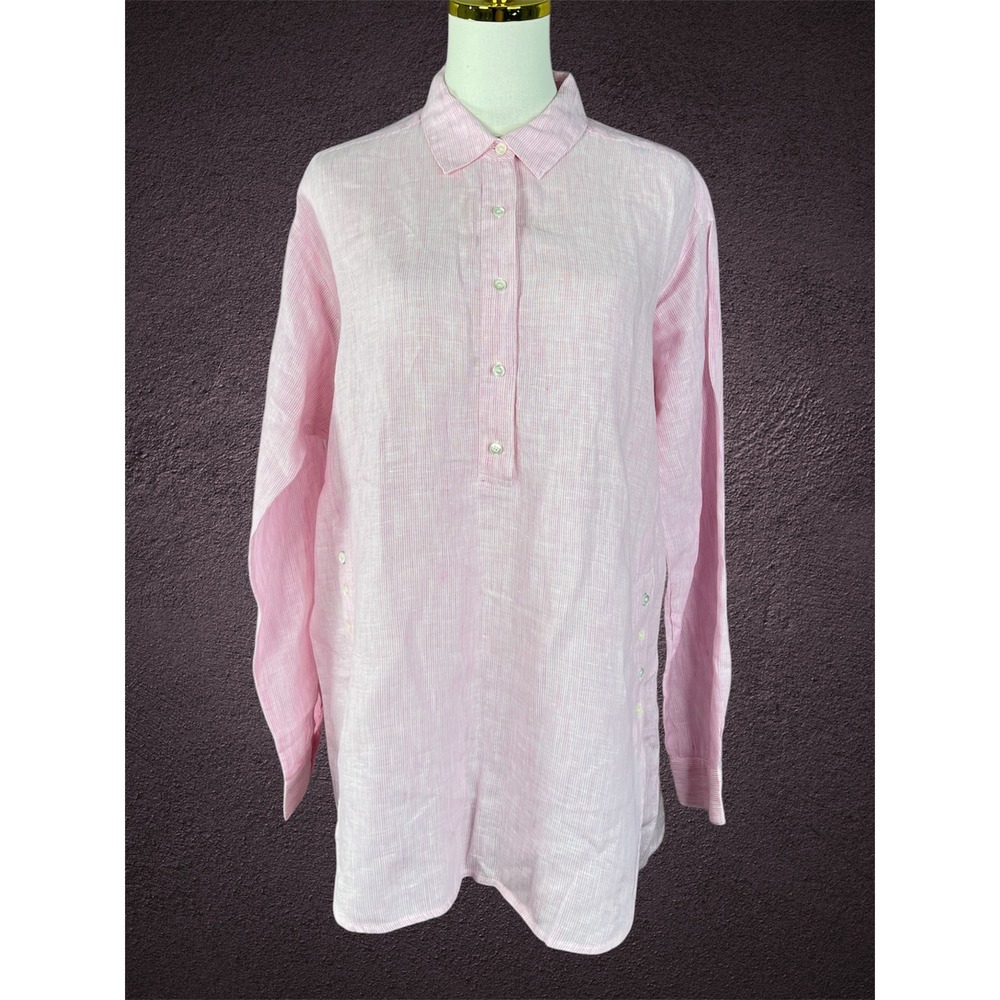 J.McLaughlin Pink White Stripe 100% Linen Tunic Button Side Top Mens Large L